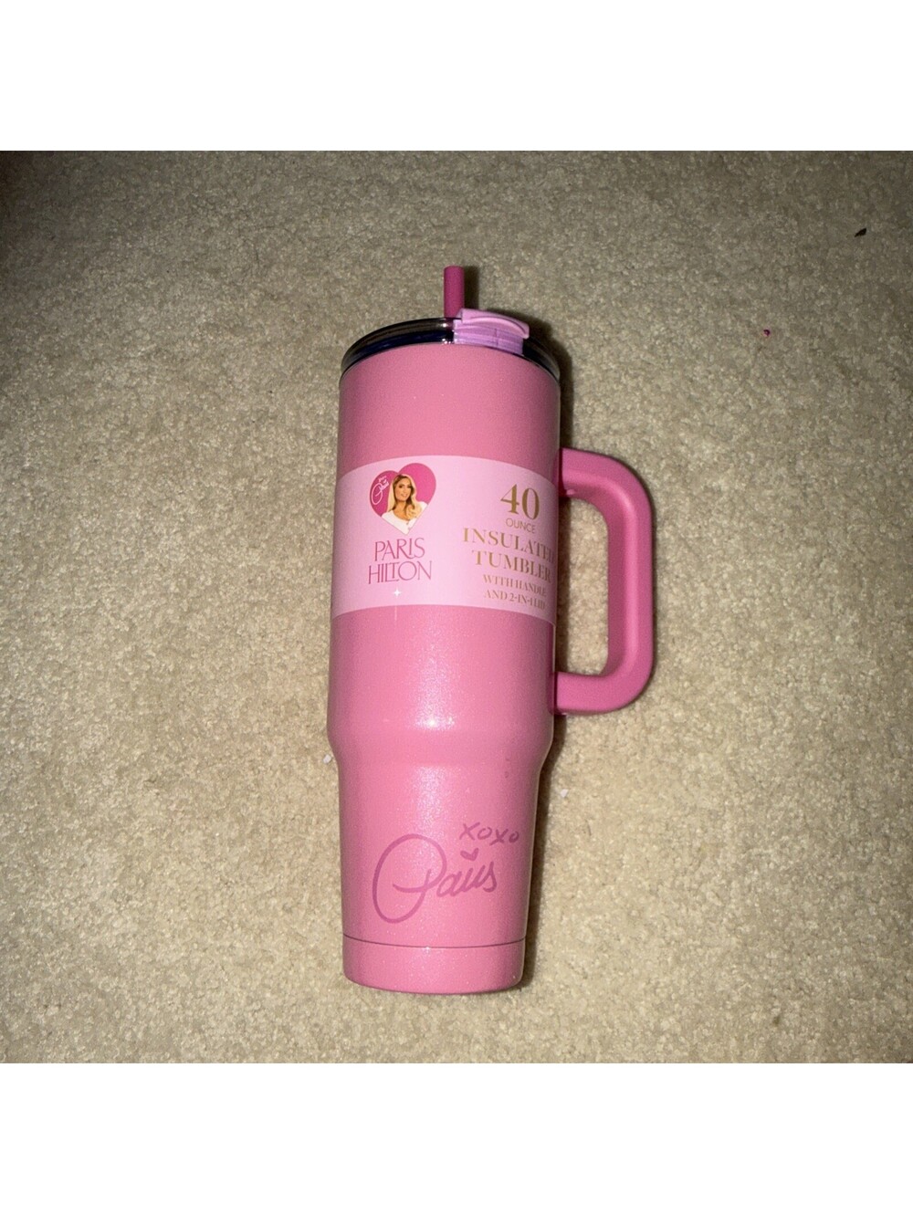 Paris Hilton Pink Tumbler Insulated 40 Oz Stainless Steel w/ Straw 2-n-1 Lid